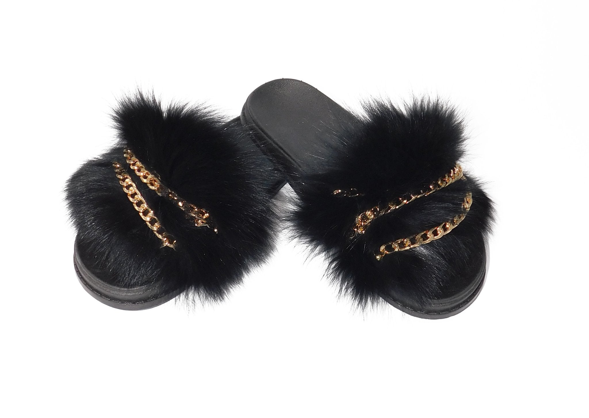 Fox Fur Slides with Gold Chains