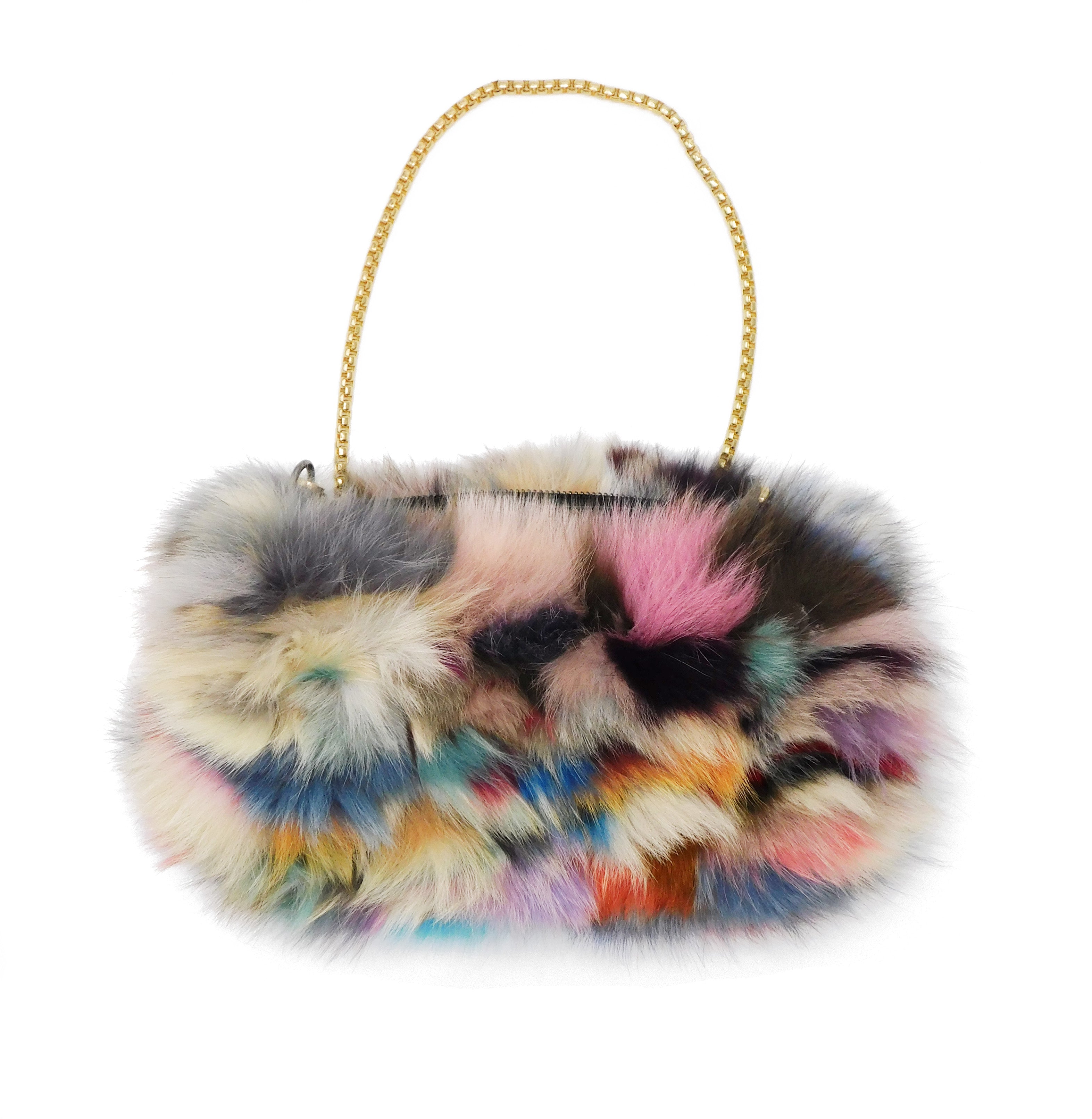 Multicolor Fox Fur Muff Handbag with Gold Chain - paulamariecollection