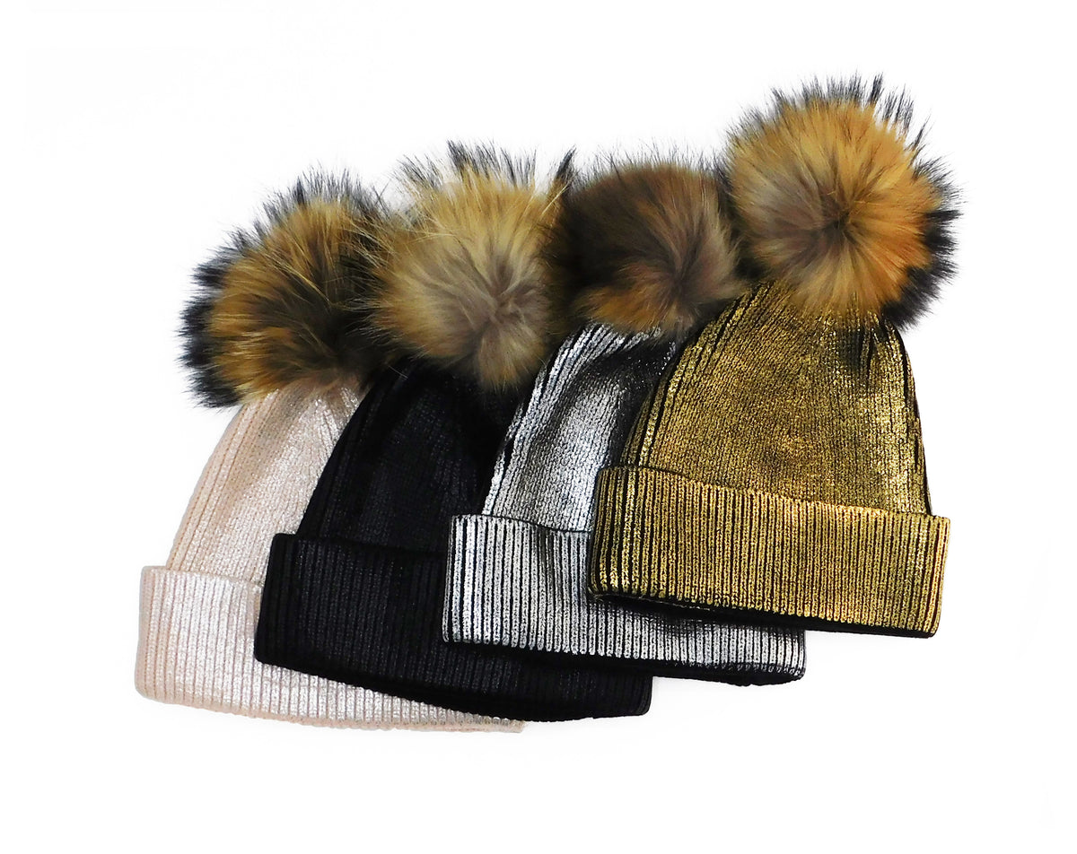 Metallic Beanie with Removable Fur Poms - paulamariecollection