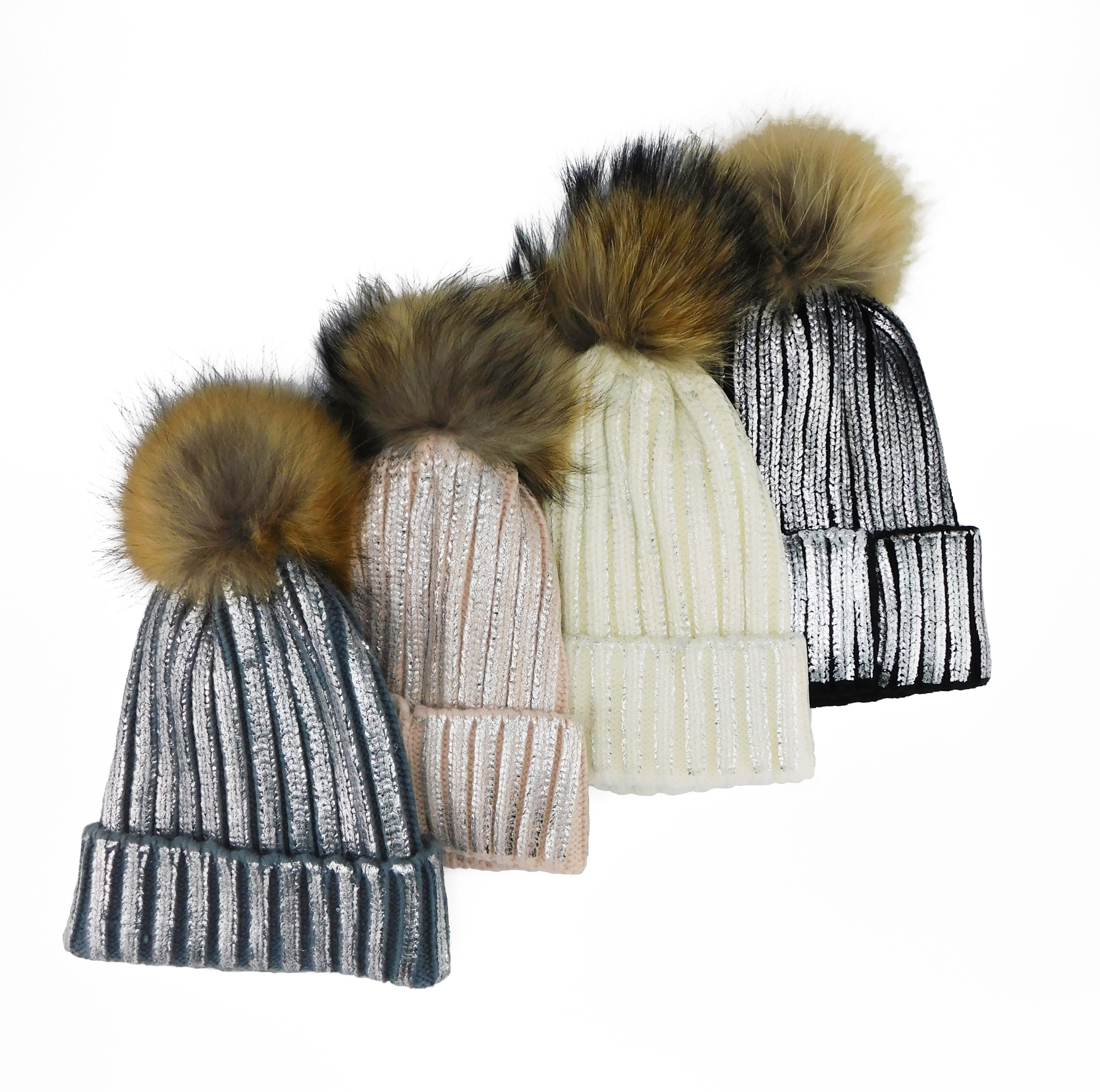 Metallic Striped Knitted Beanie with Removable Fur Poms - paulamariecollection