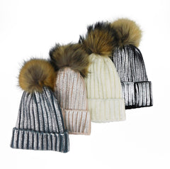 Metallic Striped Knitted Beanie with Removable Fur Poms - paulamariecollection