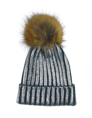 Metallic Striped Knitted Beanie with Removable Fur Poms - paulamariecollection
