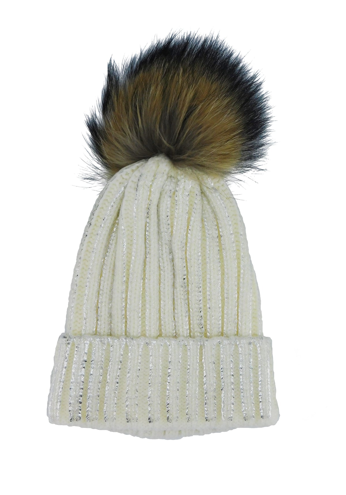 Metallic Striped Knitted Beanie with Removable Fur Poms - paulamariecollection