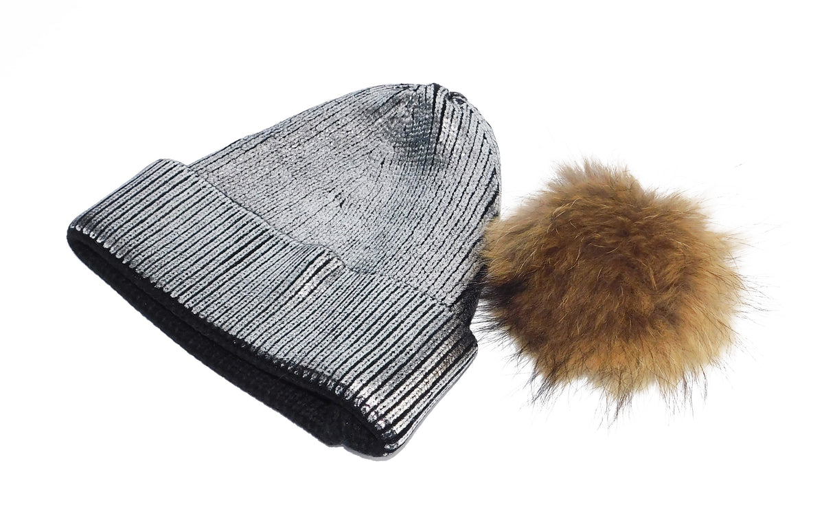 Metallic Beanie with Removable Fur Poms - paulamariecollection