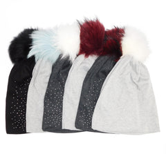 Jeweled Jersey Beanie with Removable Fox Pom In Many Colors - paulamariecollection