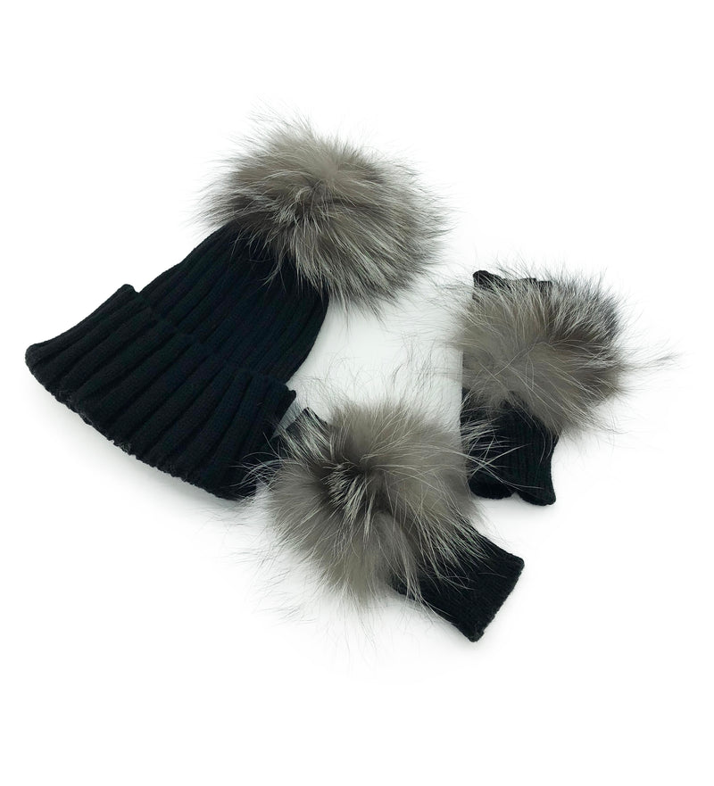 Black Cashmere Fingerless Gloves and Matching Hat with Fox Fur Pom - paulamariecollection