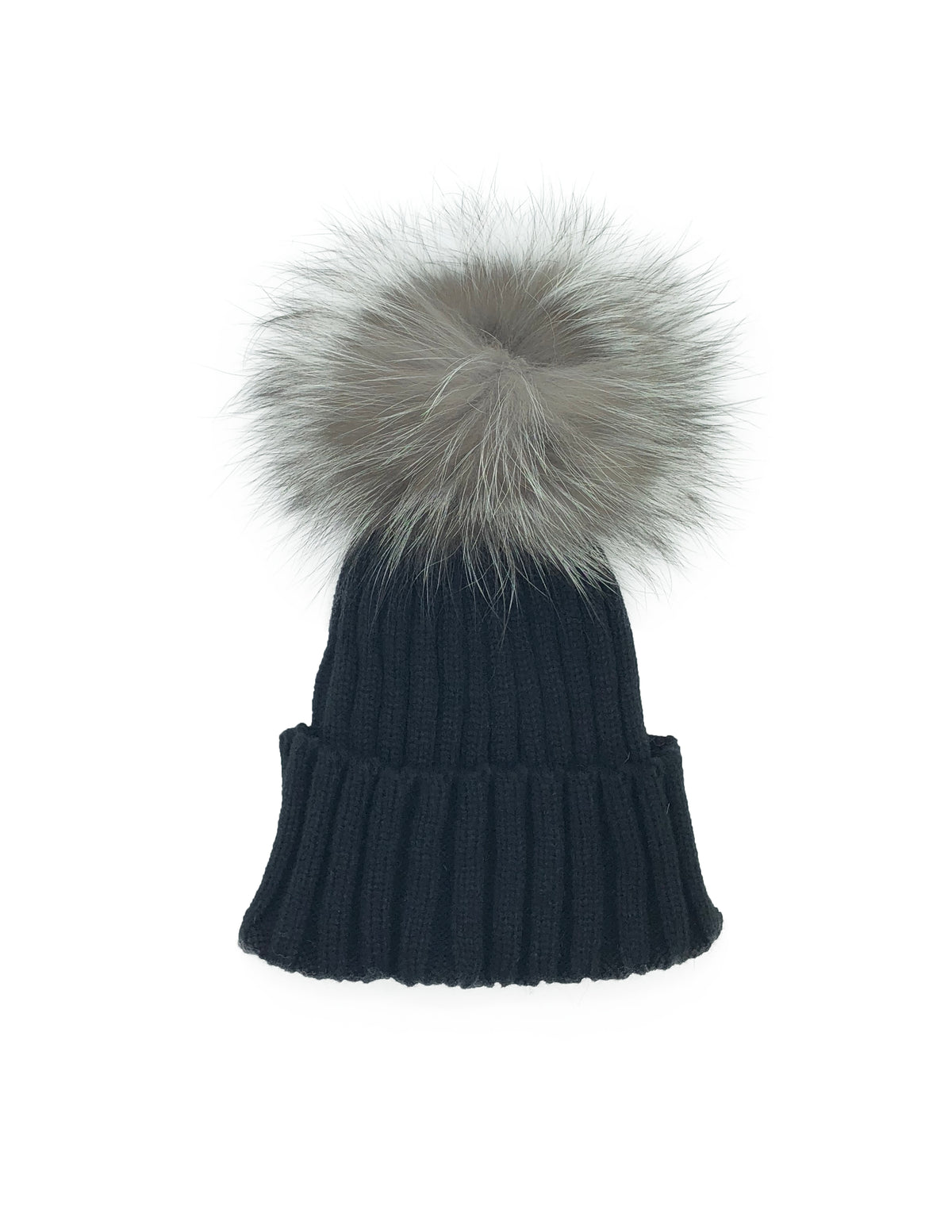 Black Cashmere Fingerless Gloves and Matching Hat with Fox Fur Pom - paulamariecollection