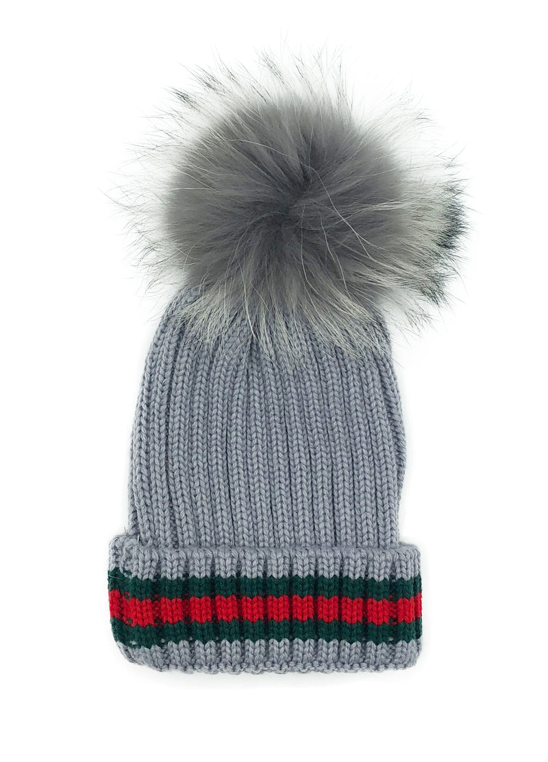 Striped Knitted Beanie with Fox Fur Pom - paulamariecollection