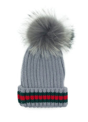 Striped Knitted Beanie with Fox Fur Pom - paulamariecollection