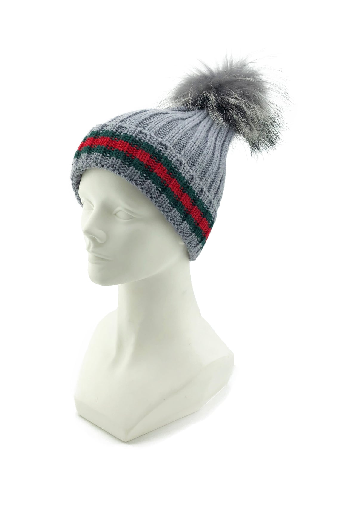 Striped Knitted Beanie with Fox Fur Pom - paulamariecollection