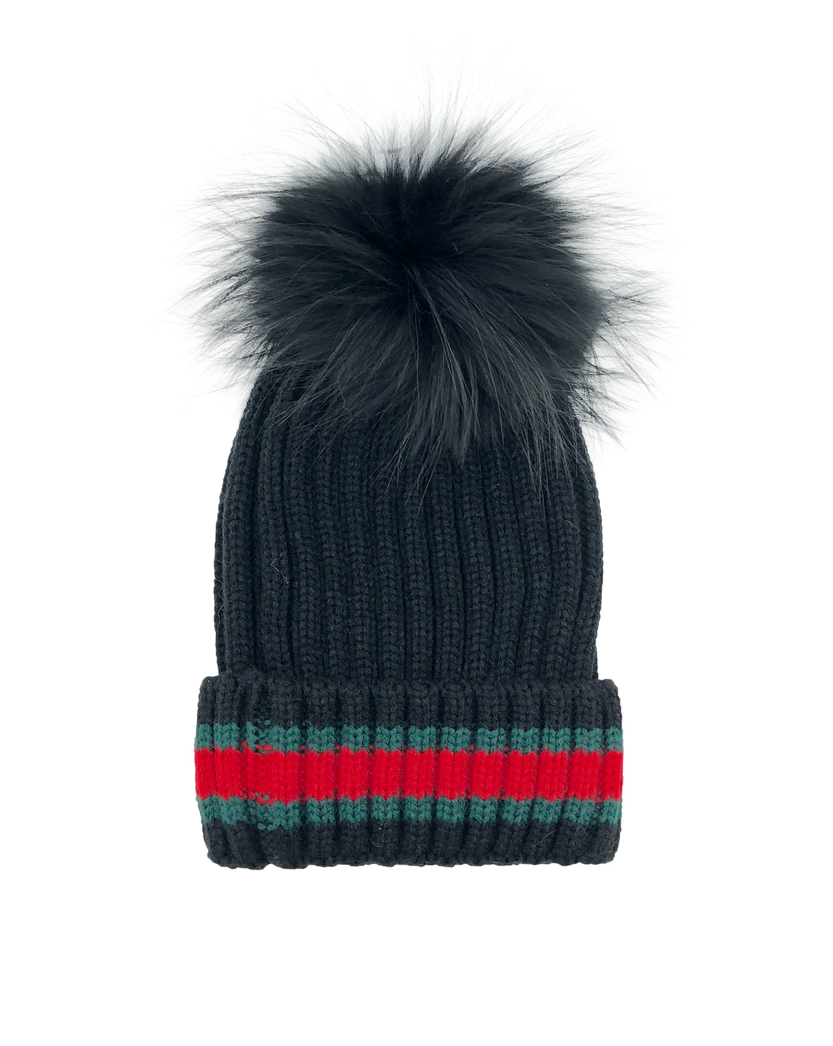 Striped Knitted Beanie with Removable Fur Pom - paulamariecollection