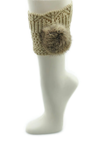 Beige Leg Warmer/Boot Cover with Rex Rabbit Pom - paulamariecollection
