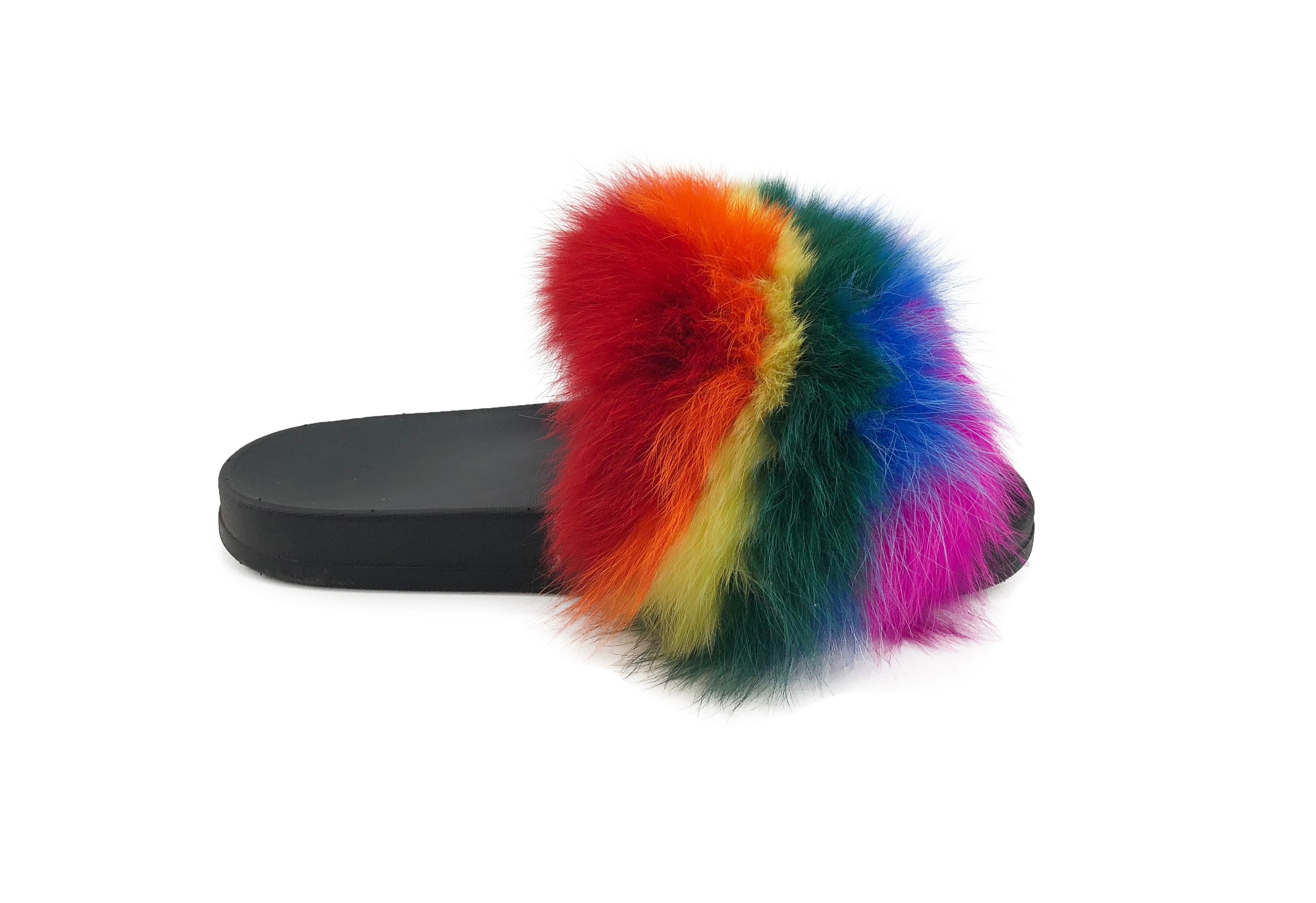 Rainbow Pride Fox Fur Slides - paulamariecollection