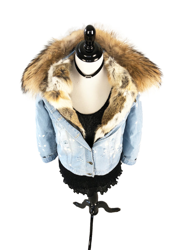 Winter real fox fur collar parkas women detachable rabbit fur liner thick  distressed washed denim jacket female midi coat Y3221