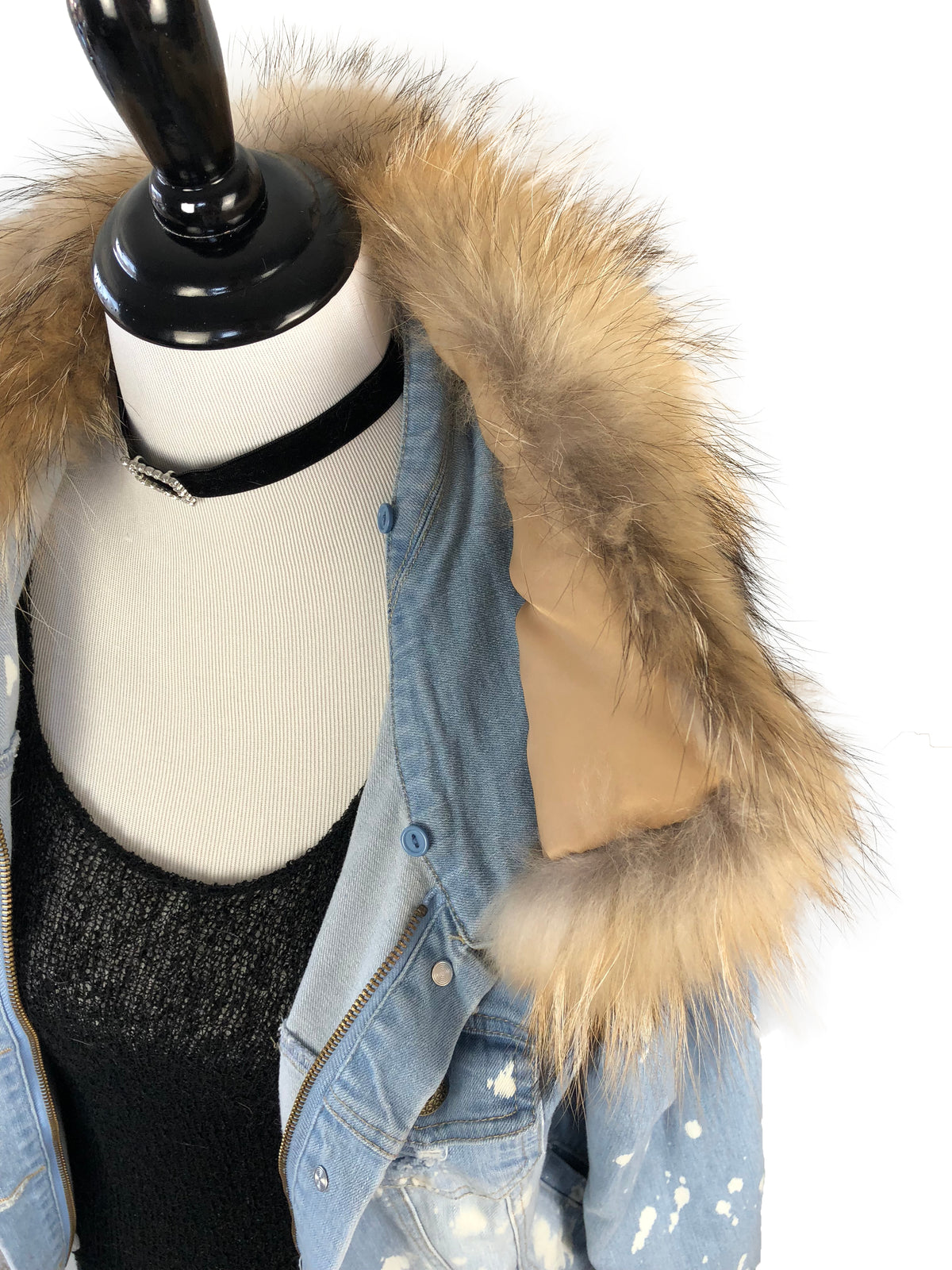 Denim and Fox Fur Jacket with Detachable Rabbit Fur Interior - paulamariecollection