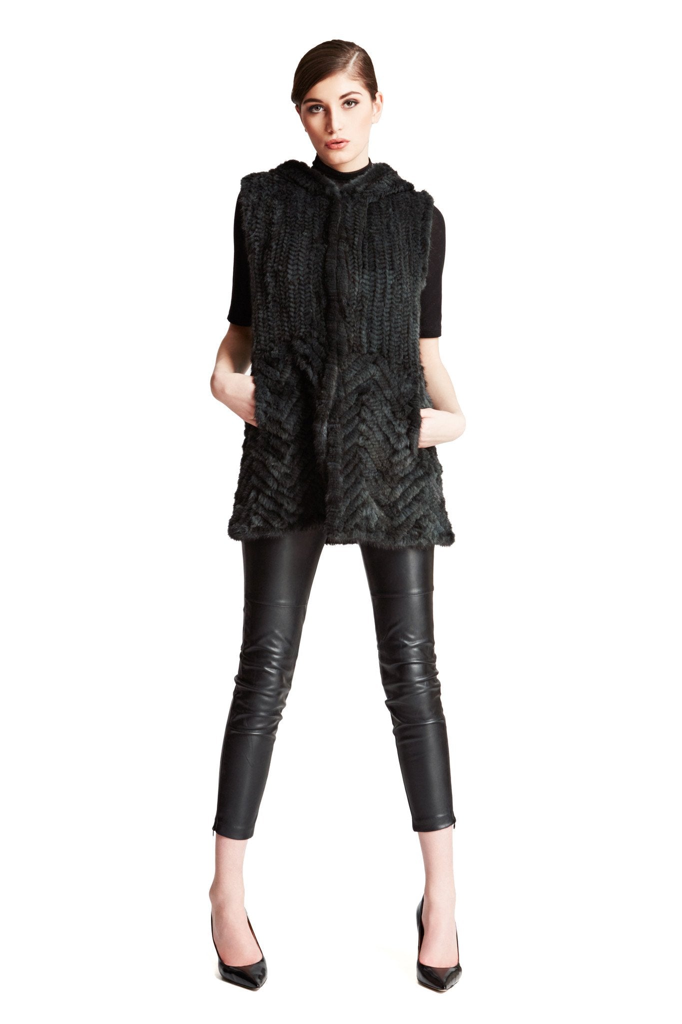 THE LOOE - Knitted Mink Fur Vest with Chevron Panel and Hood - paulamariecollection