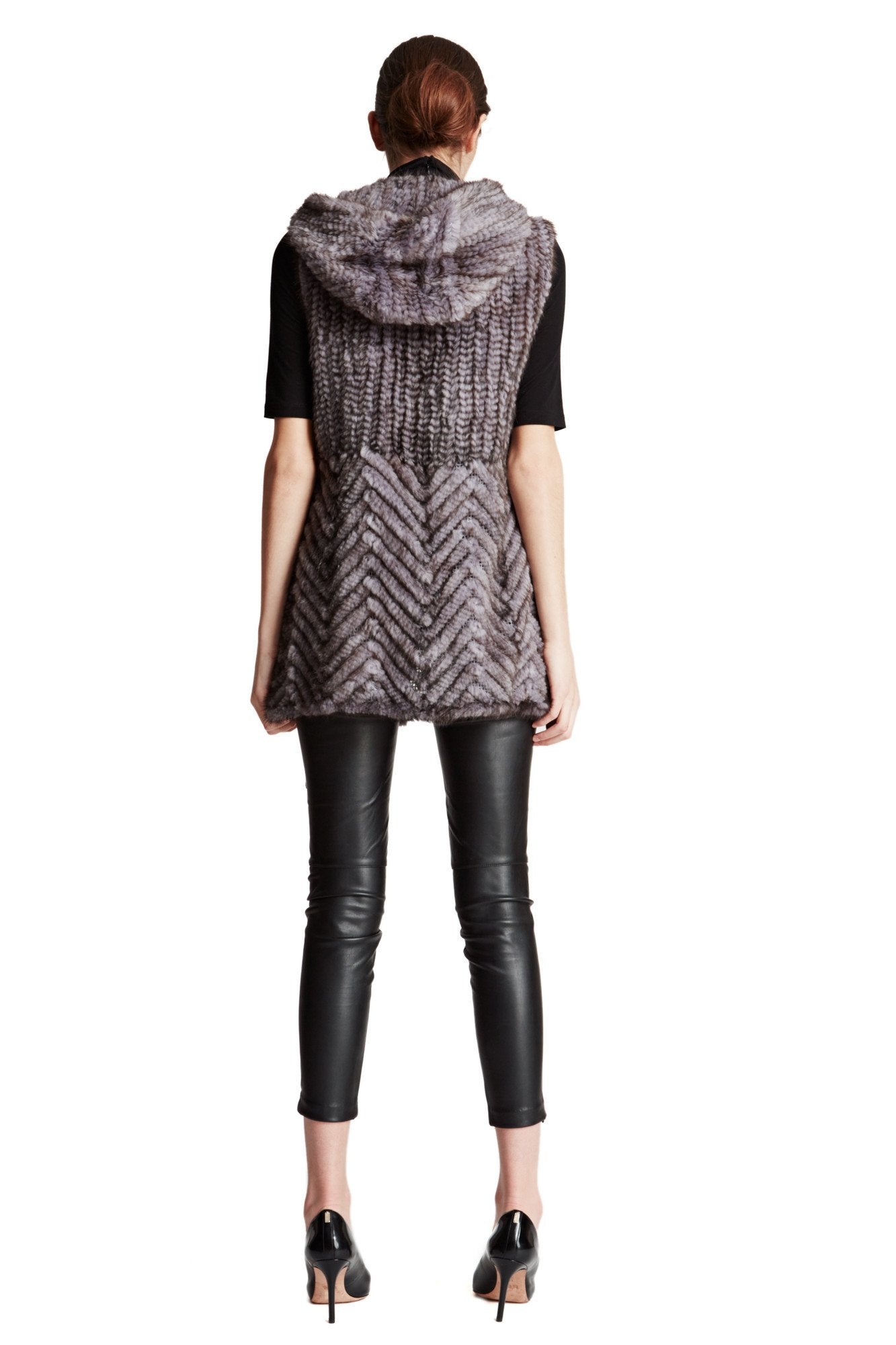THE LOOE - Knitted Mink Fur Vest with Chevron Panel and Hood - paulamariecollection