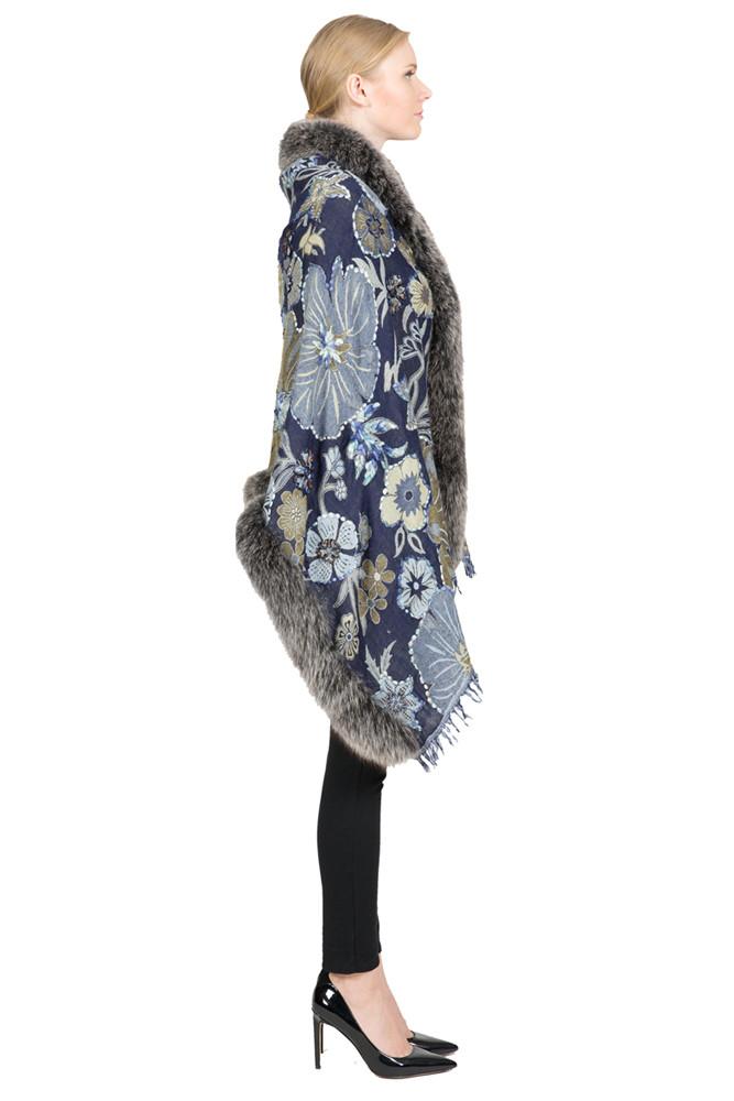 THE ROTZ Wool Wrap with Silver Fox Fur Trim - paulamariecollection