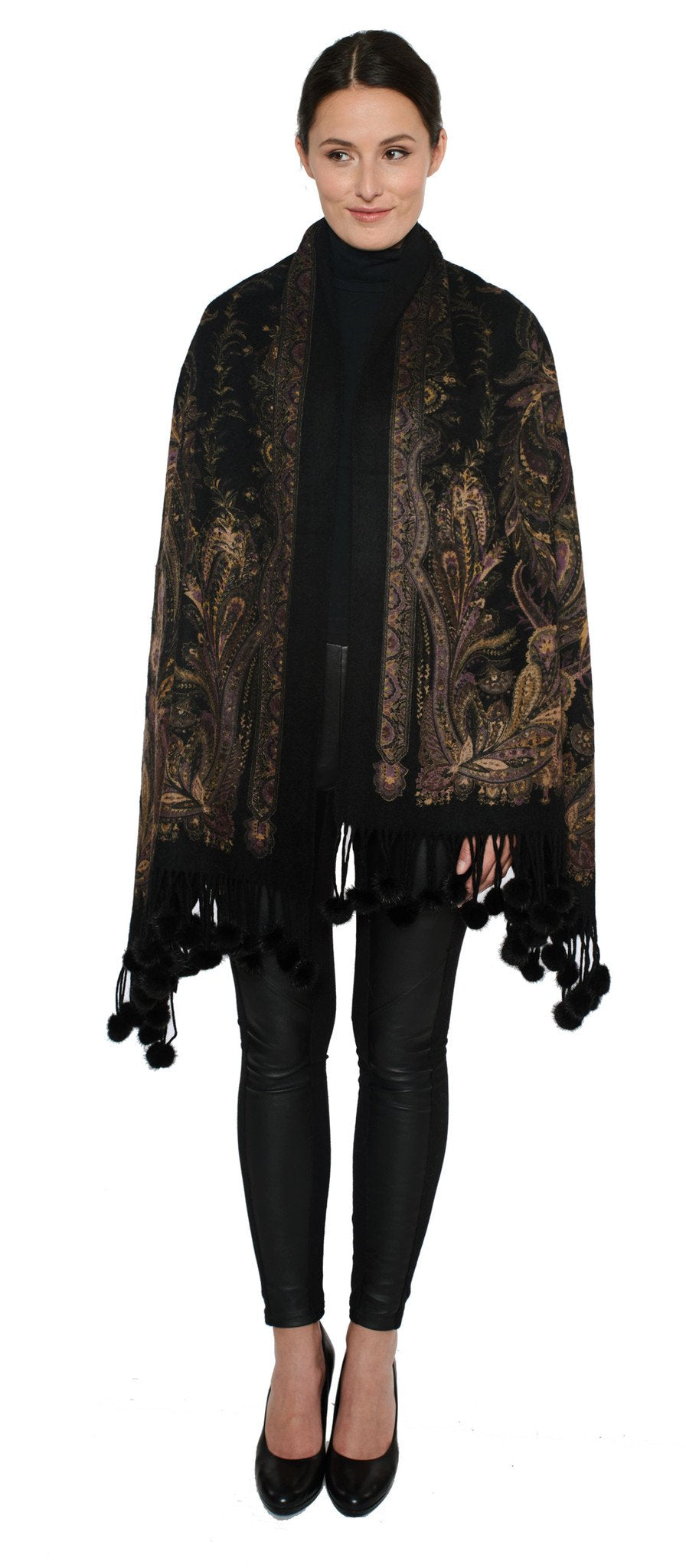 THE RYE Cashmere Reversible Paisley Wrap with Mink Fur Poms - paulamariecollection