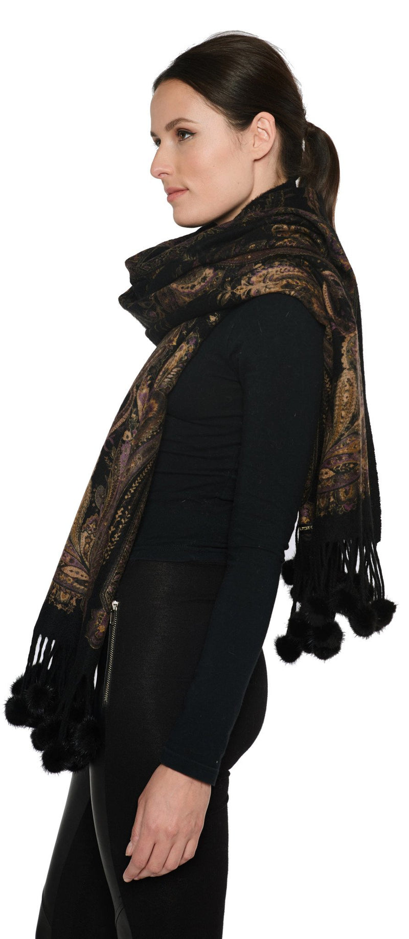 THE RYE Cashmere Reversible Paisley Wrap with Mink Fur Poms - paulamariecollection