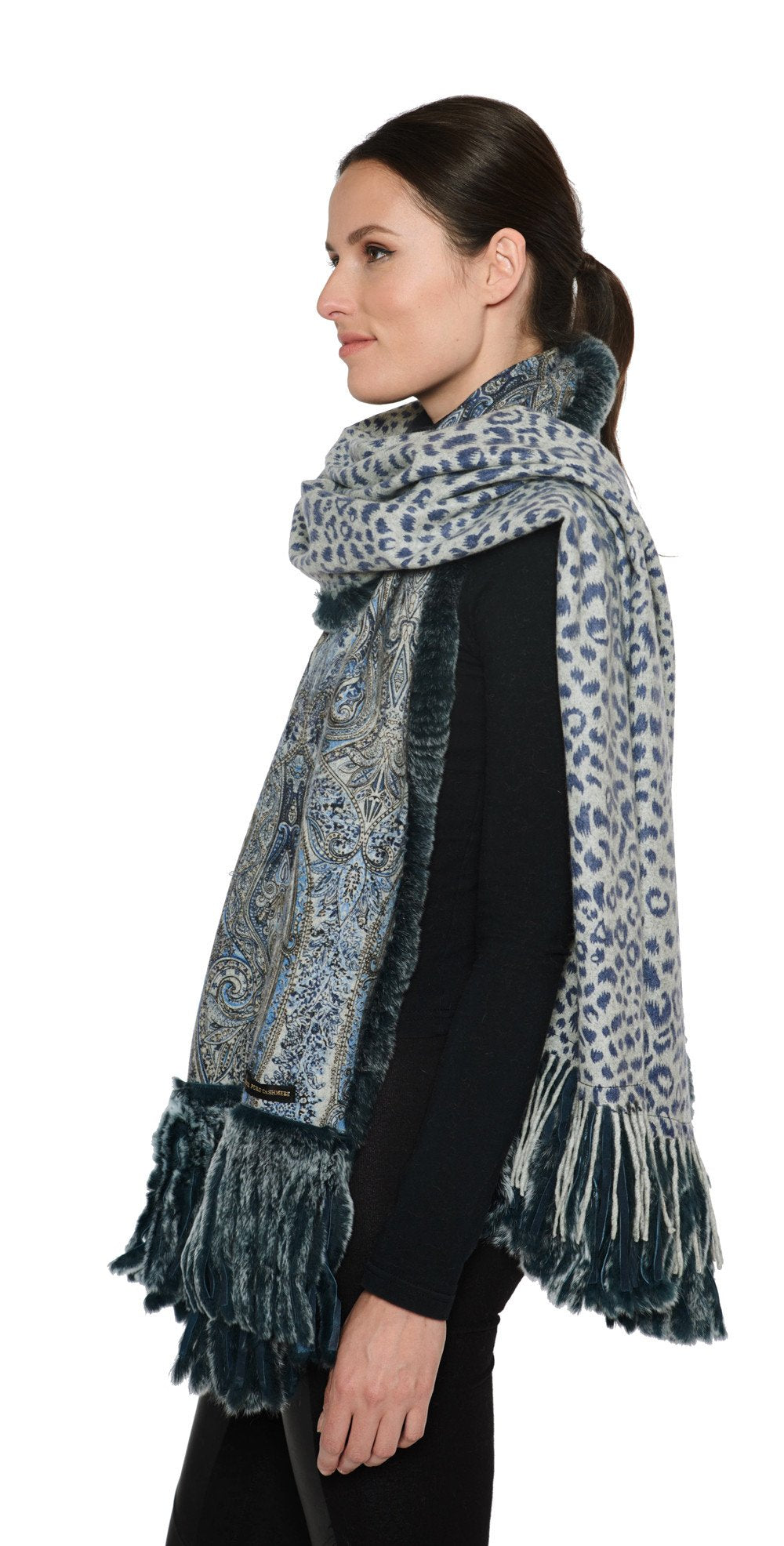 THE SALFORD Cashmere Reversible Printed Wrap with Rex Rabbit Fringe - paulamariecollection