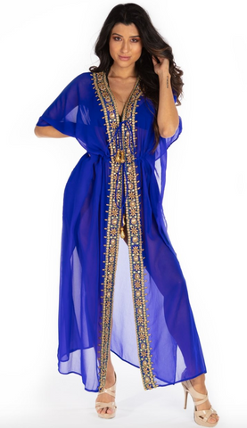 Santorini Long Kaftan Robe With Embellishments - paulamariecollection