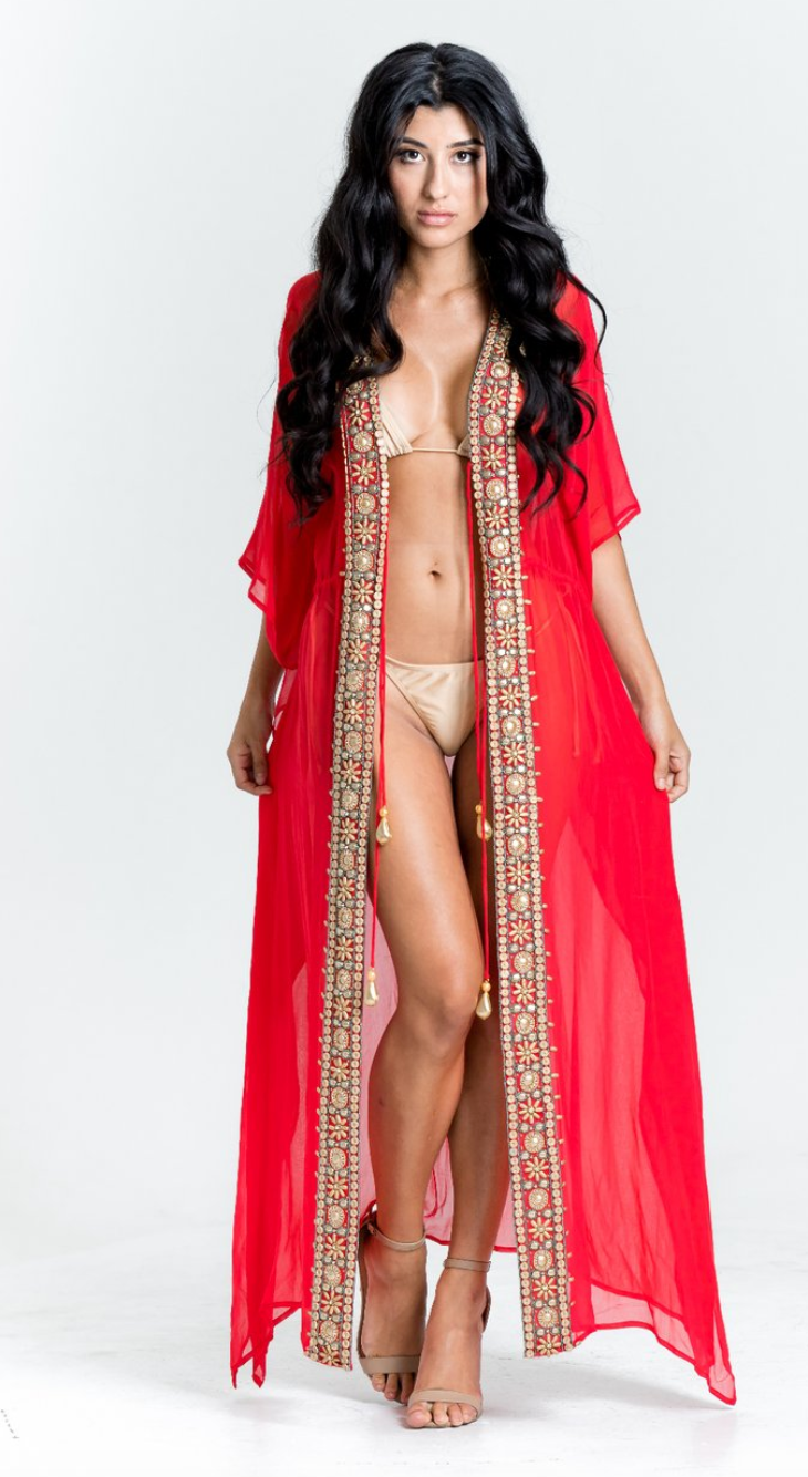 Santorini Long Kaftan Robe With Embellishments - paulamariecollection