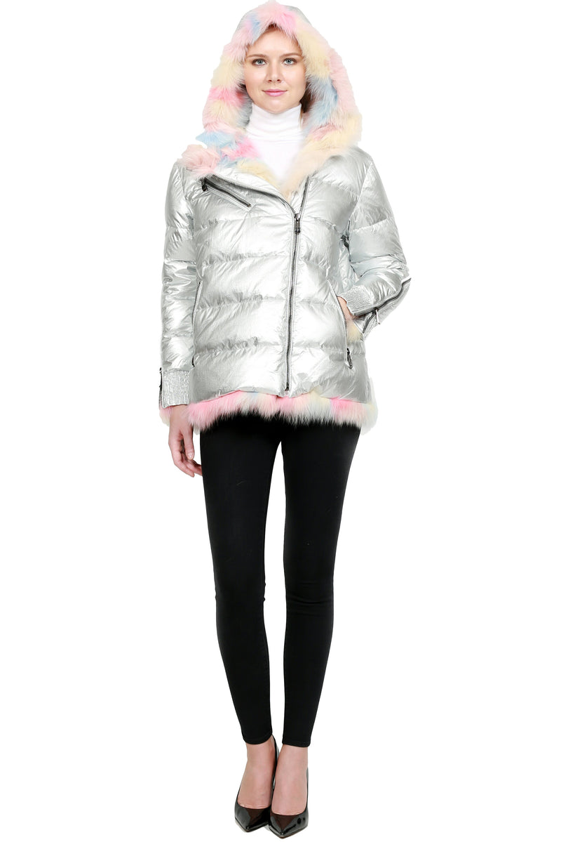 THE AIRDRIE Metallic Jacket with Multicolor Fox Fur Trim - paulamariecollection
