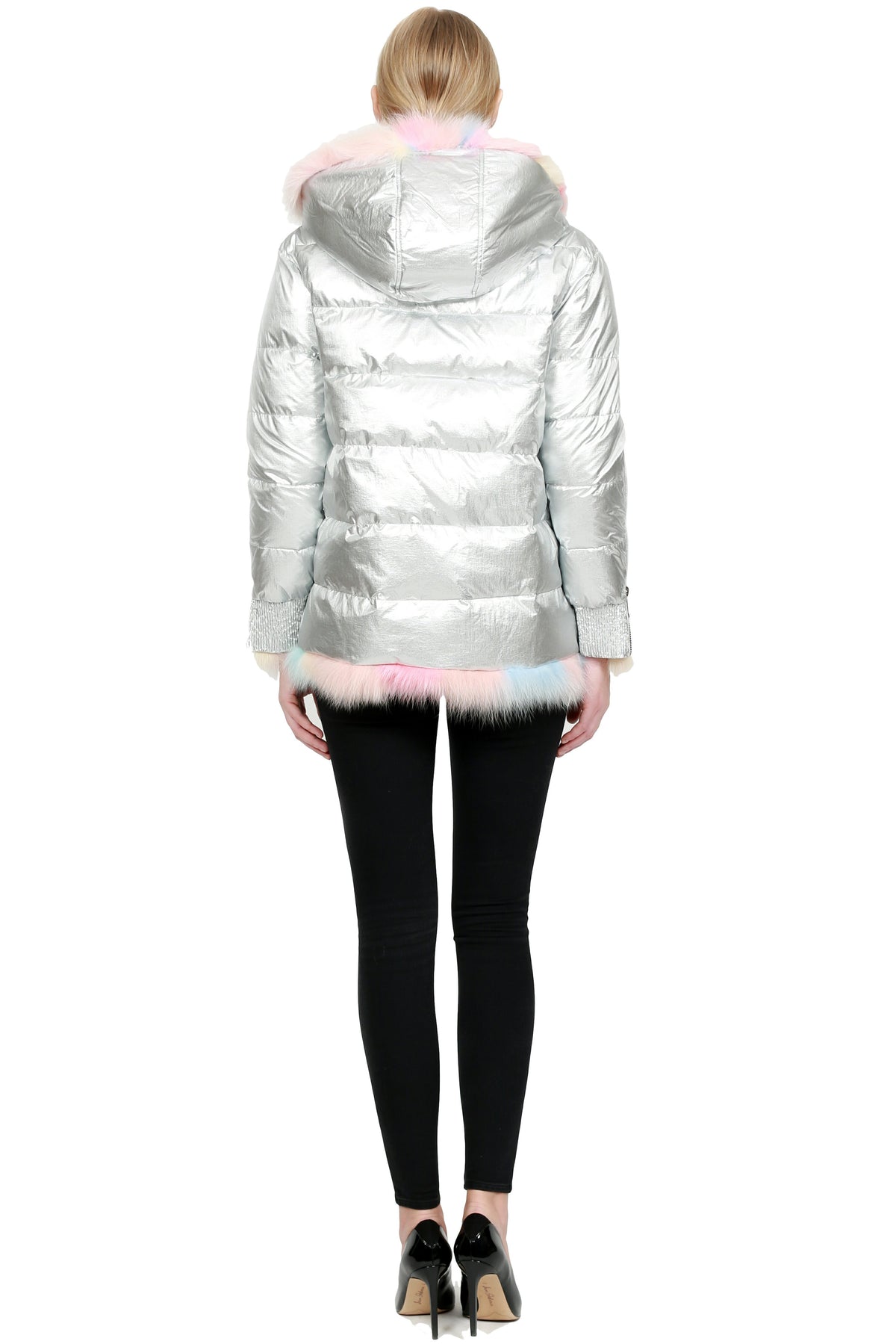 THE AIRDRIE Metallic Jacket with Multicolor Fox Fur Trim - paulamariecollection