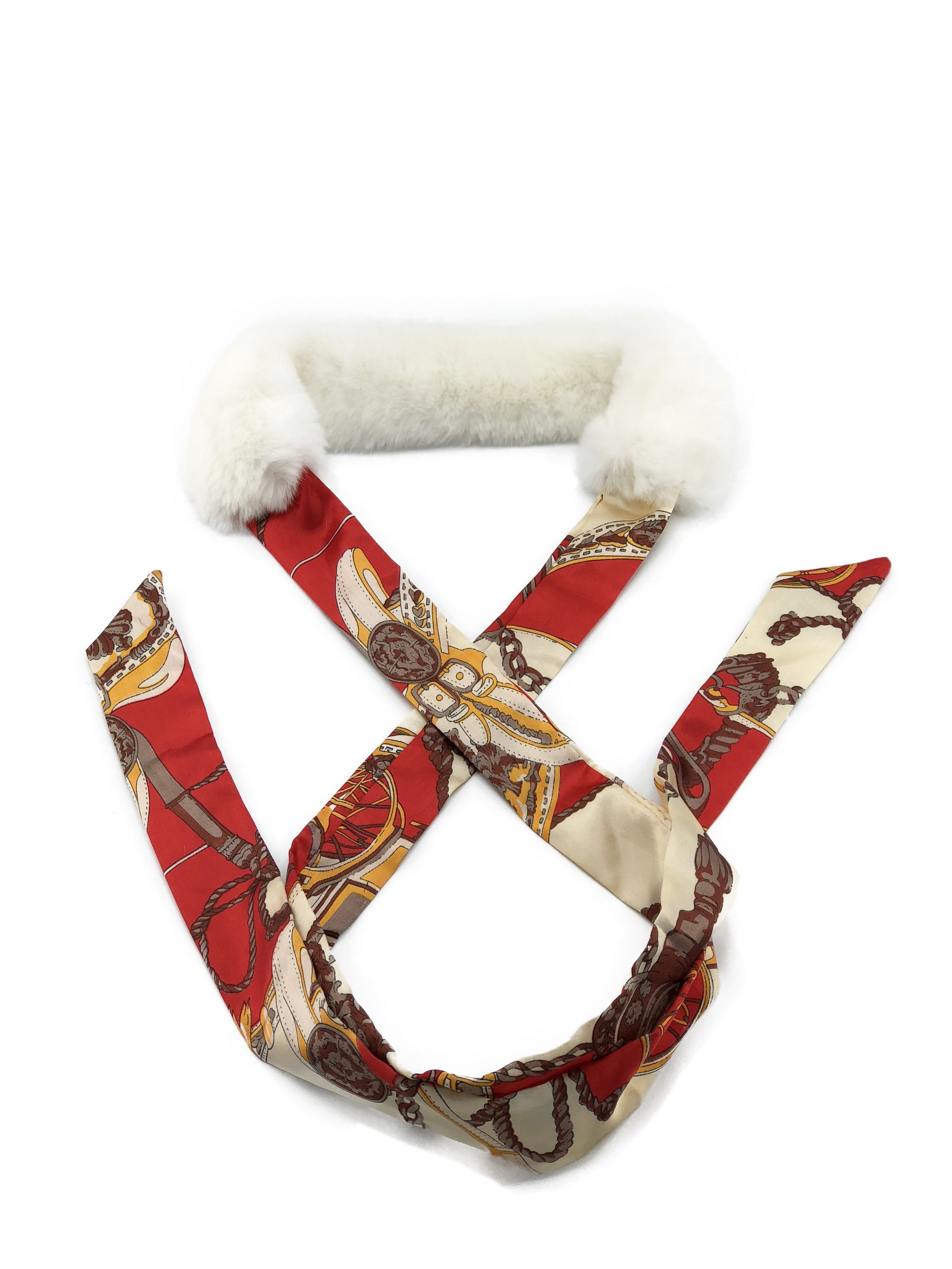 White Rex Rabbit Scarf with Red/Gold Silk Ribbon - paulamariecollection