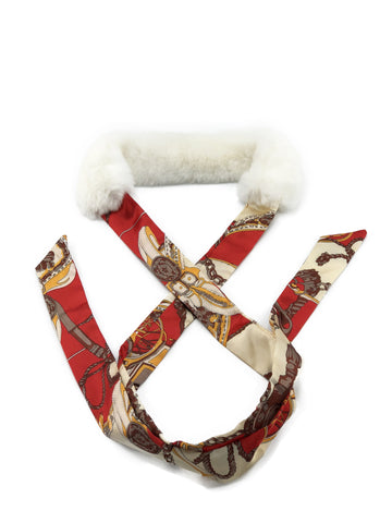 White Rex Rabbit Scarf with Red/Gold Silk Ribbon - paulamariecollection