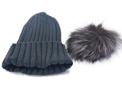 Knitted Beanie with Removable Fox Fur Pom - paulamariecollection