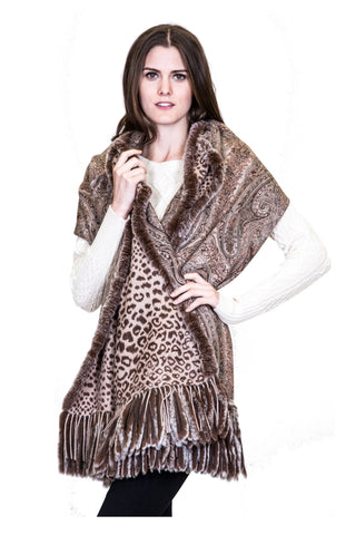 THE SALFORD Cashmere Reversible Printed Wrap with Rex Rabbit Fringe - paulamariecollection