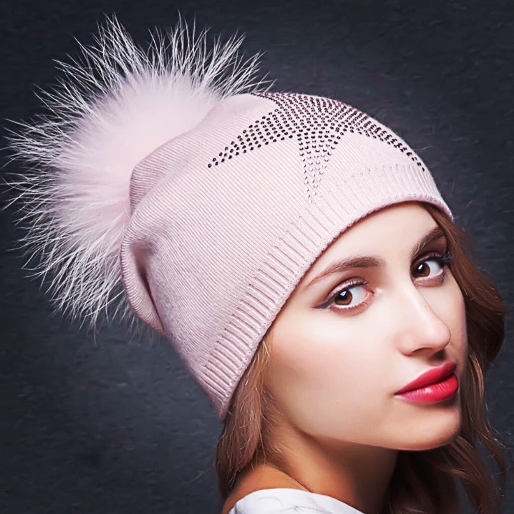 Cashmere Fox Pom Pom Hat with Crystals - paulamariecollection